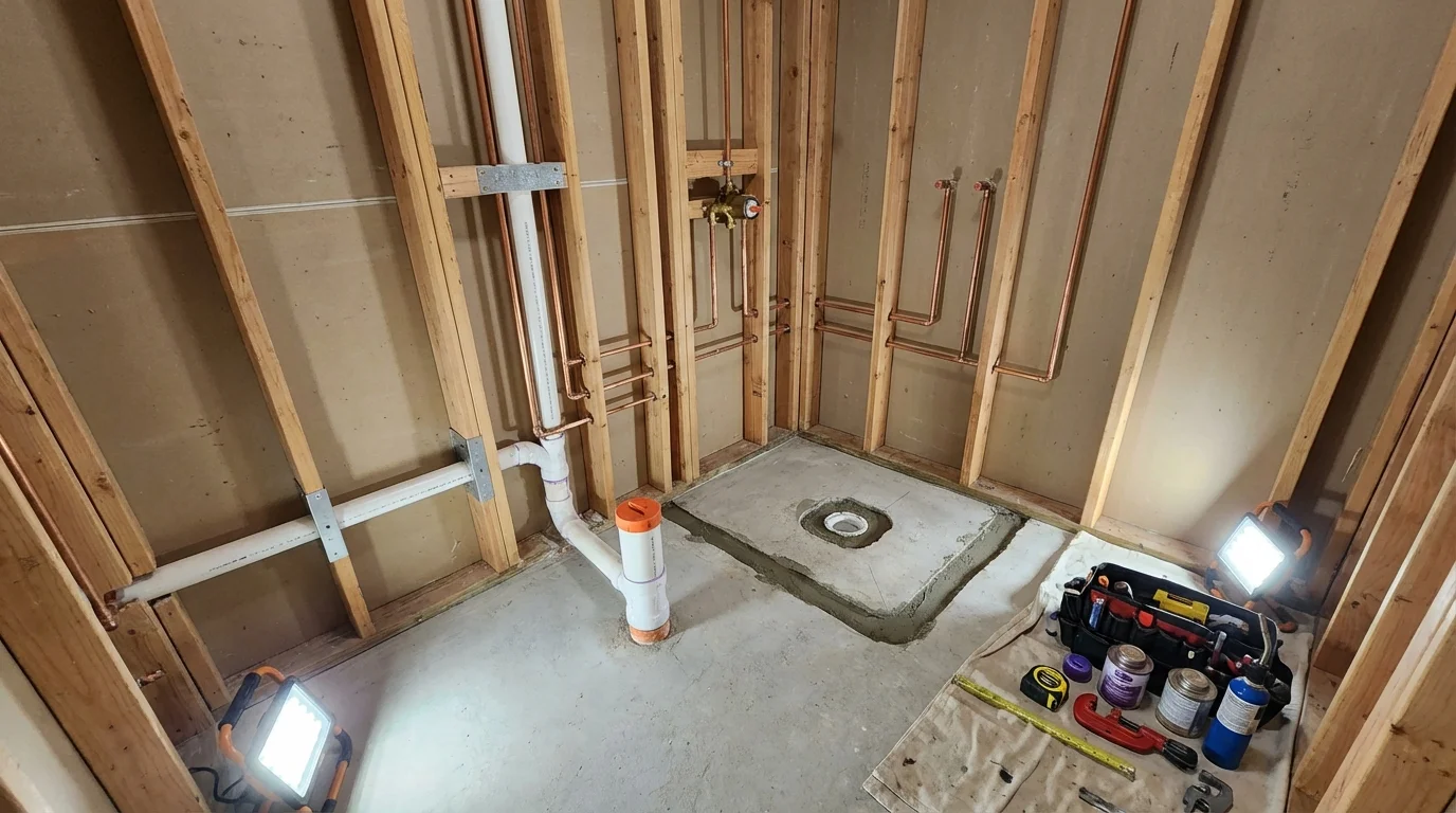 Bathroom rough-in plumbing during remodel by Johns Plumbing LLC in Prairie du Sac