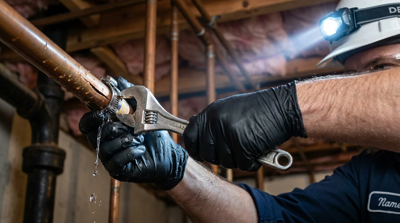 Emergency pipe clamp repair being performed by a Johns Plumbing LLC plumber in Prairie du Sac