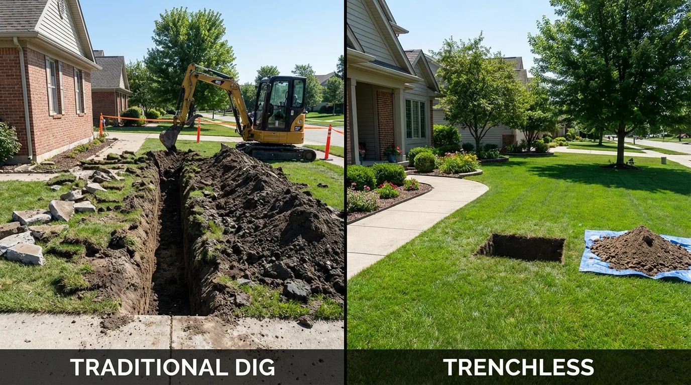 Trenchless sewer repair with minimal yard damage versus traditional excavation in Prairie du Sac, WI