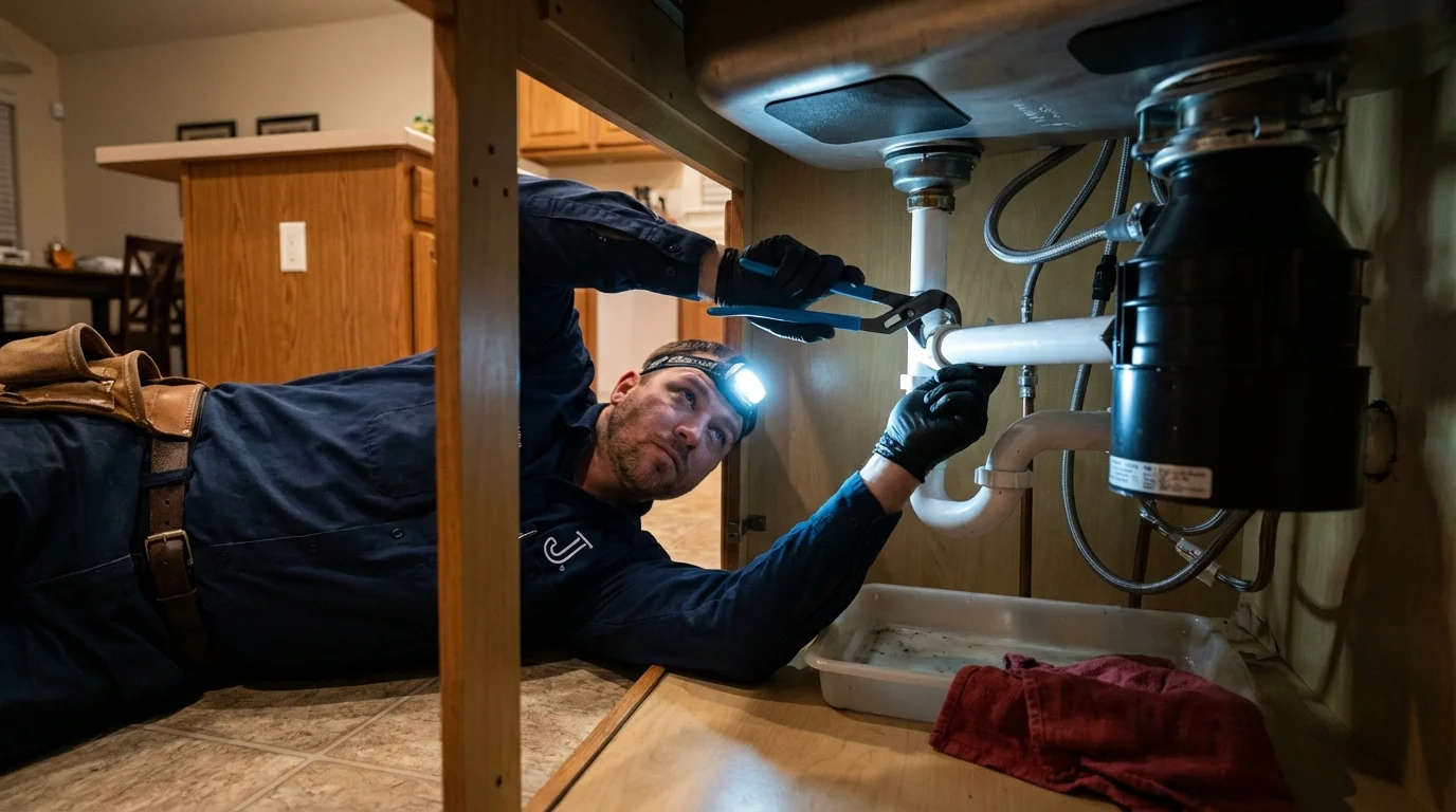 P-trap and supply line connections under a kitchen sink showing a common leak point in Prairie du Sac, WI